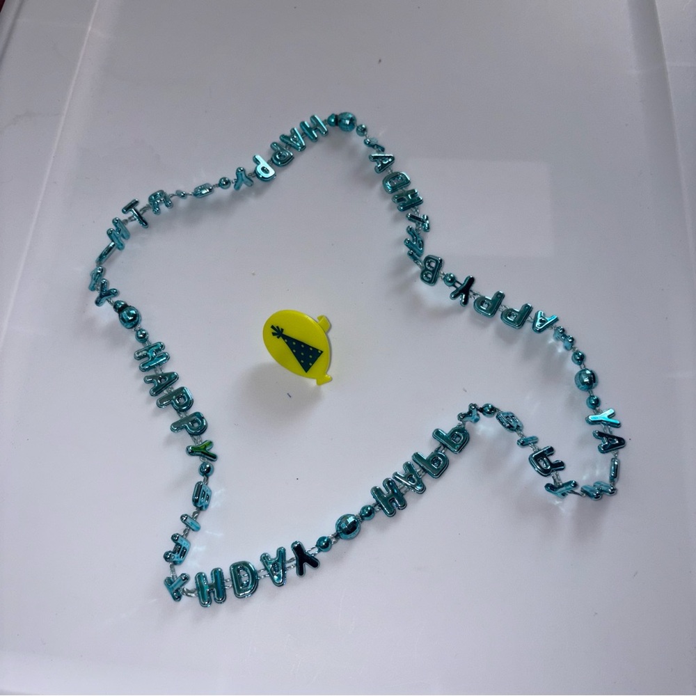 Blue 'Happy Birthday' Bead Necklace with Yellow Party Hat Ring